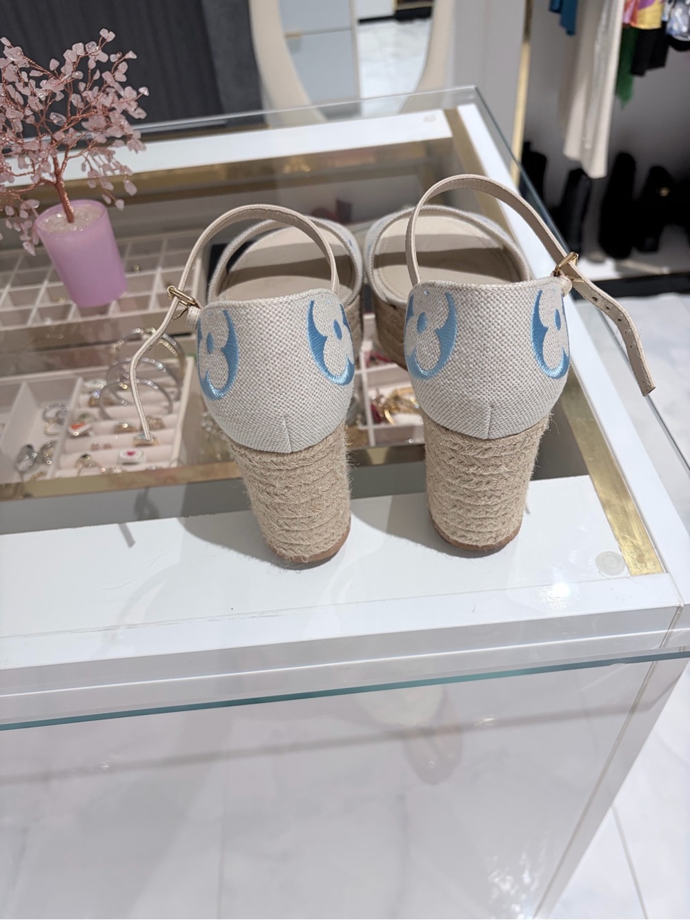 Woven Espadrille Block Heel Sandals in Beige with Blue Accents